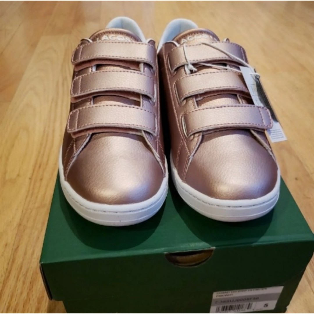NEW Lacoste Pink Metallic Velcro Tie Youth Sneakers Size 5