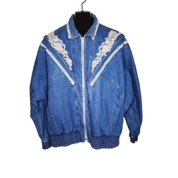 Vintage 90s Country Denim Jean Jacket Womens Size L Blue Lace Bomber