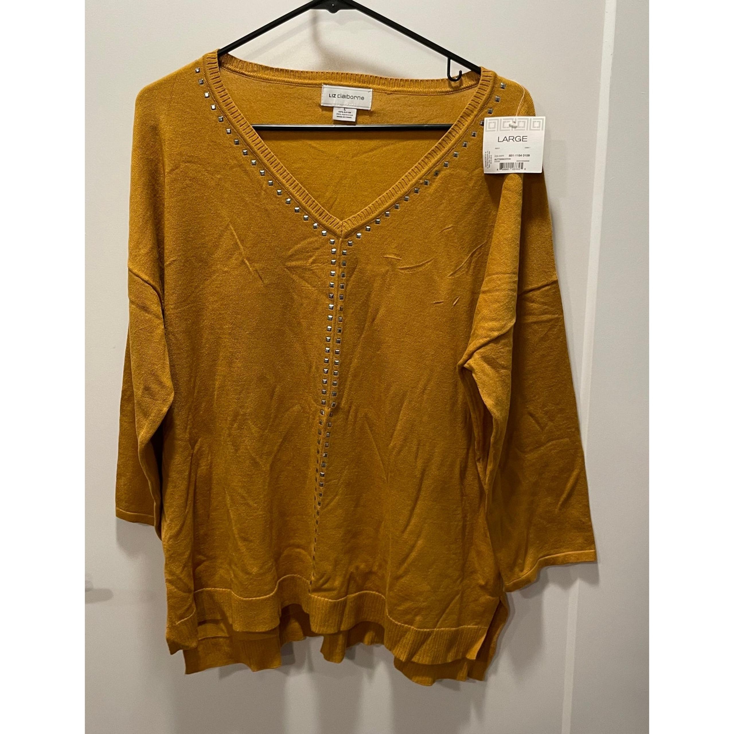 Liz Claiborne womens sweater size Large v-neck 3/4 sleeve new silver studs soft