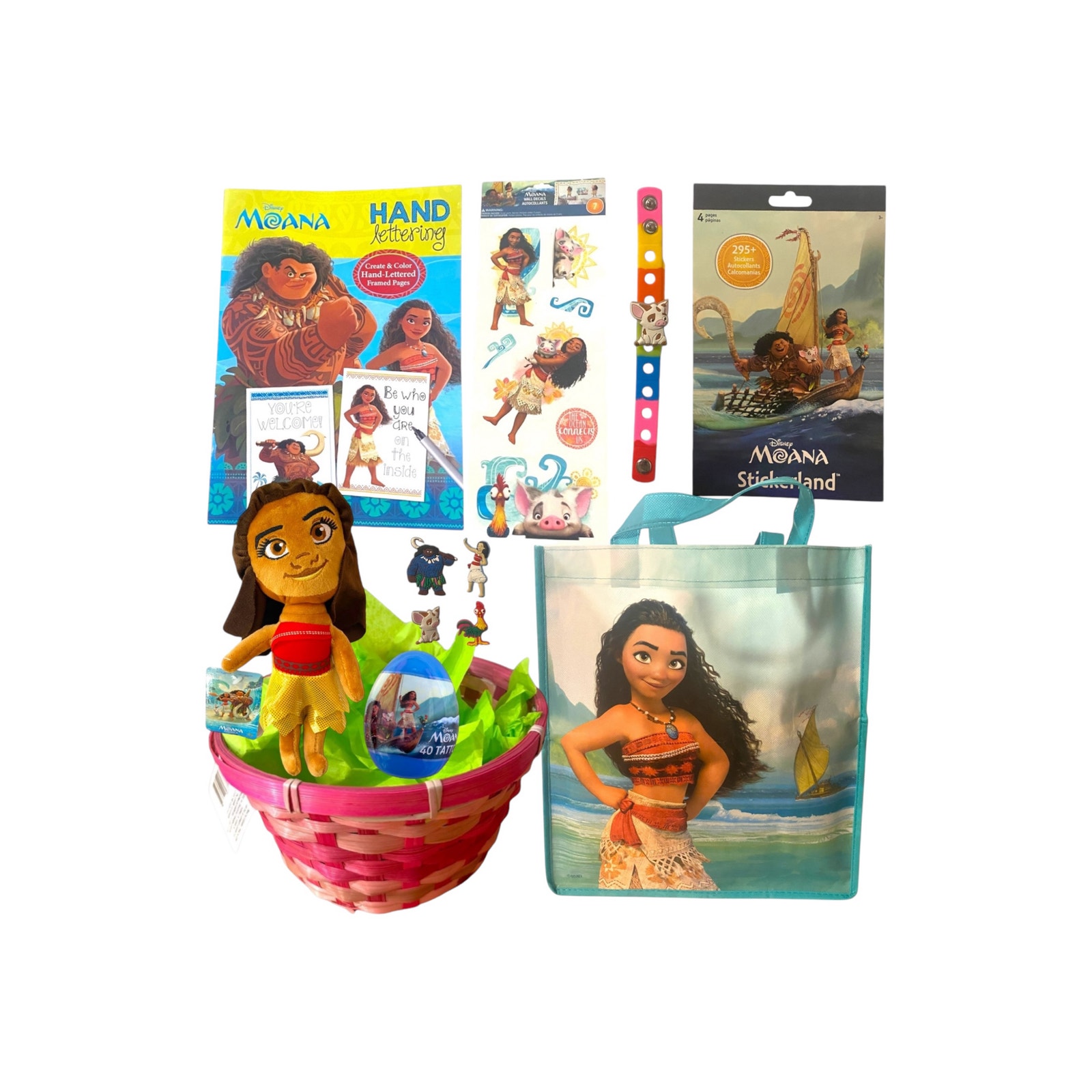 Moana Easter Basket, Plush Doll, Wall Decals Activity Coloring Book Toy Gift Set
