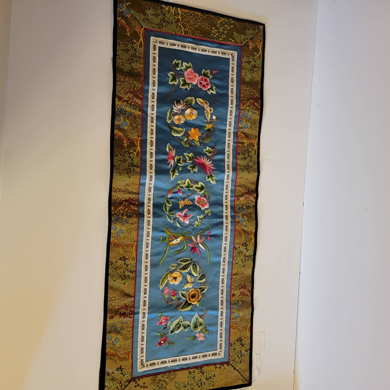 Vintage Asian Embroidered Silk Runner Tapestry Republic of China Foral Design