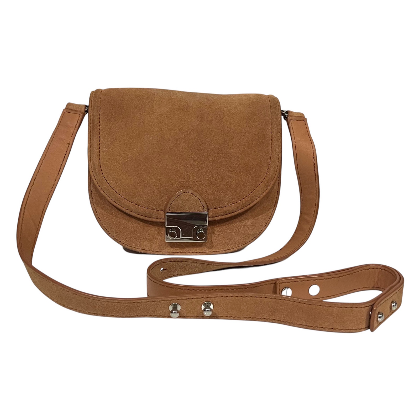 LOEFFLER RANDALL Rider Saddle Bag Crossbody Purse Brown Suede Adjustable Strap
