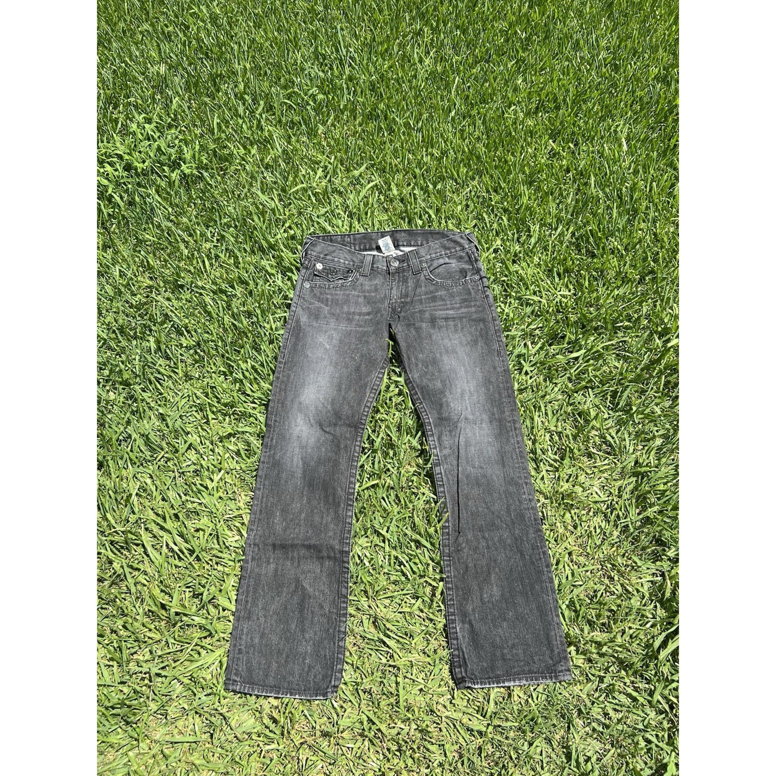True Religion Jeans Mens 33x32 Black Straight Leg Flap Big T Faded Denim Pants