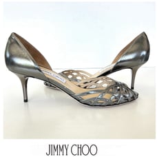 JIMMY CHOO Pewter Metallic Leather Open Toe Strap D'orsay Heel Sandals Sz 40