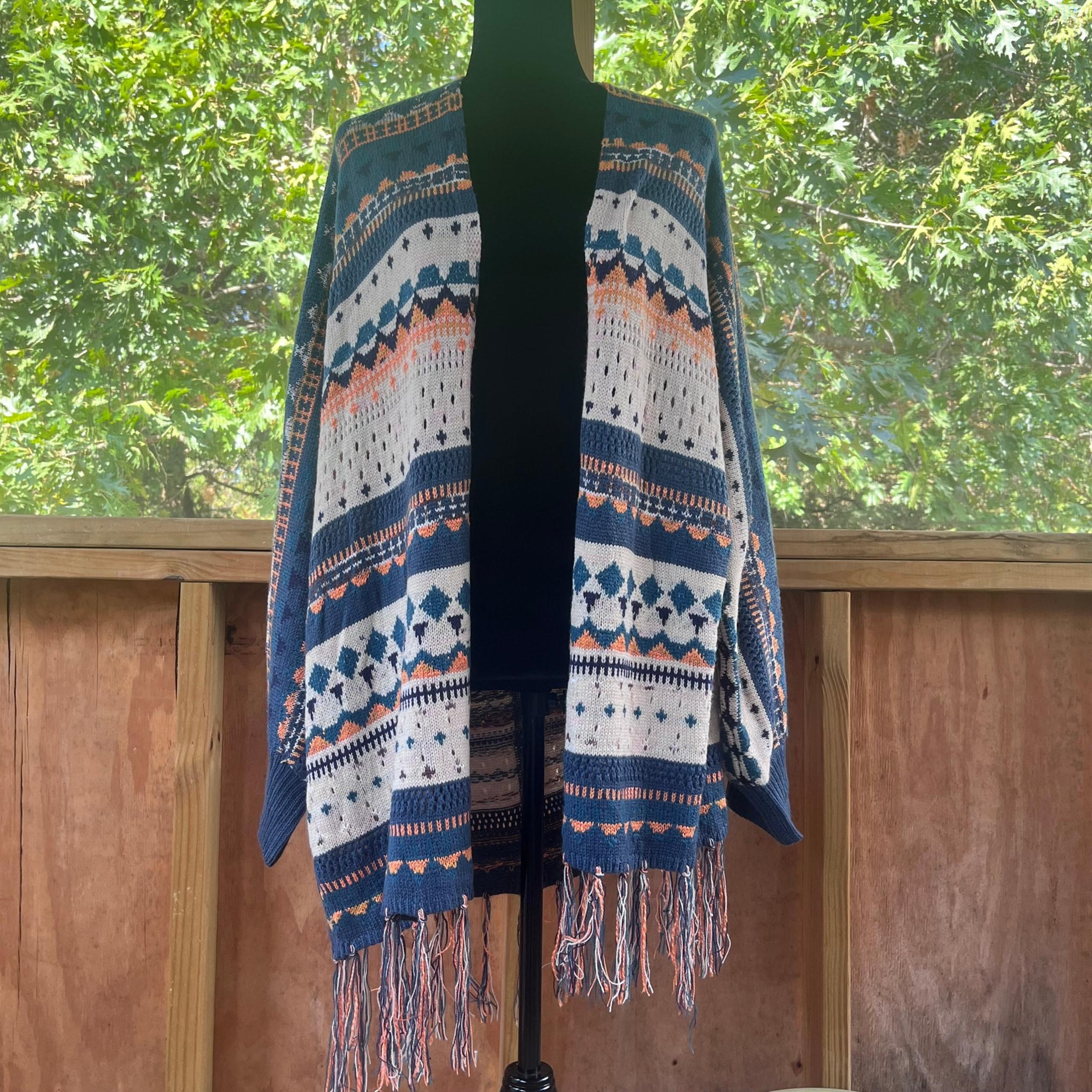 Easel Women's Longline Boho Fringe Trim Cardigan Colorful Size M