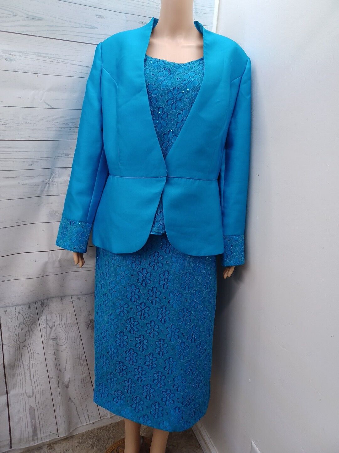 Giovanna 3 Pcs Blazer Jacket Skirt Top Suit Set Beaded Lace Blue Sz 14