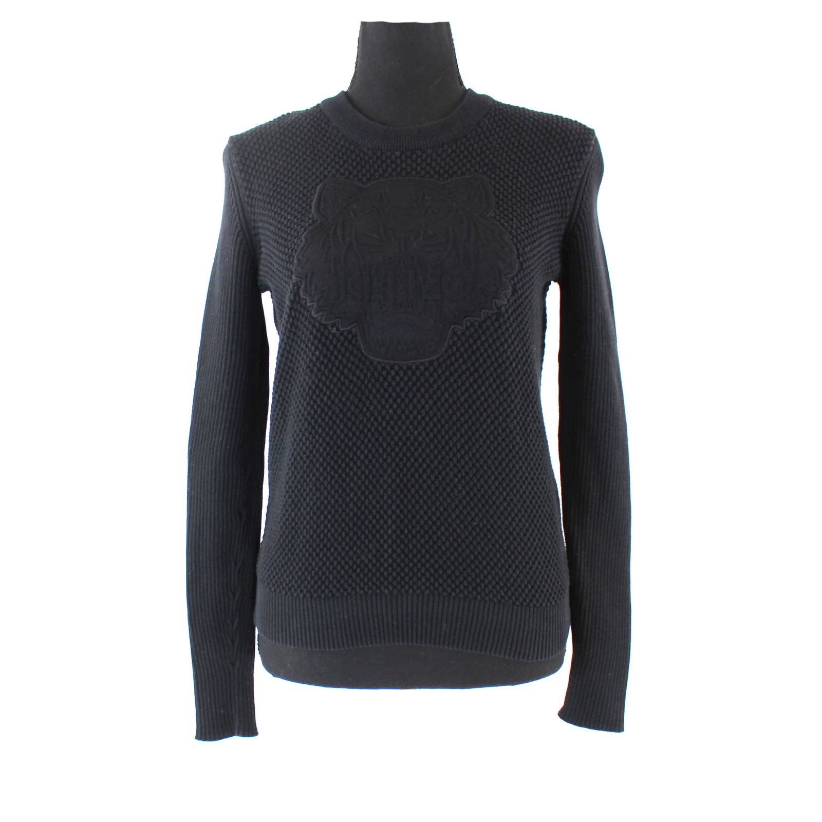 Kenzo Paris Black Tiger Logo Patch Cotton Knit Crewneck Sweater S Pullover