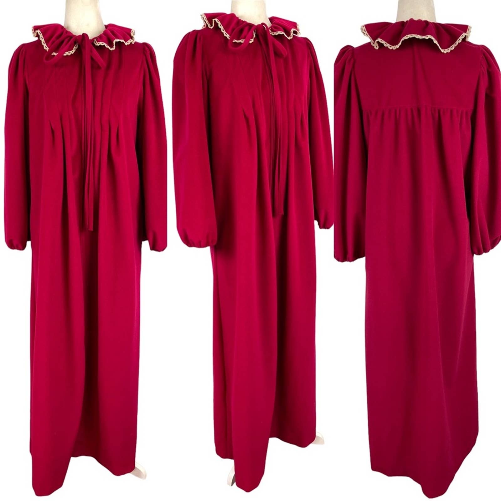 Vintage 80s Oscar De La Renta Fleece Rococo Robe Lace Trim Balloon Sleeves Small
