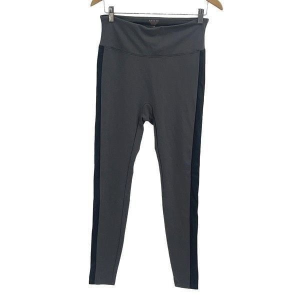 Assets By Spanx Womens High Waisted Faux Leather Trim Leggings Gray Black Large
