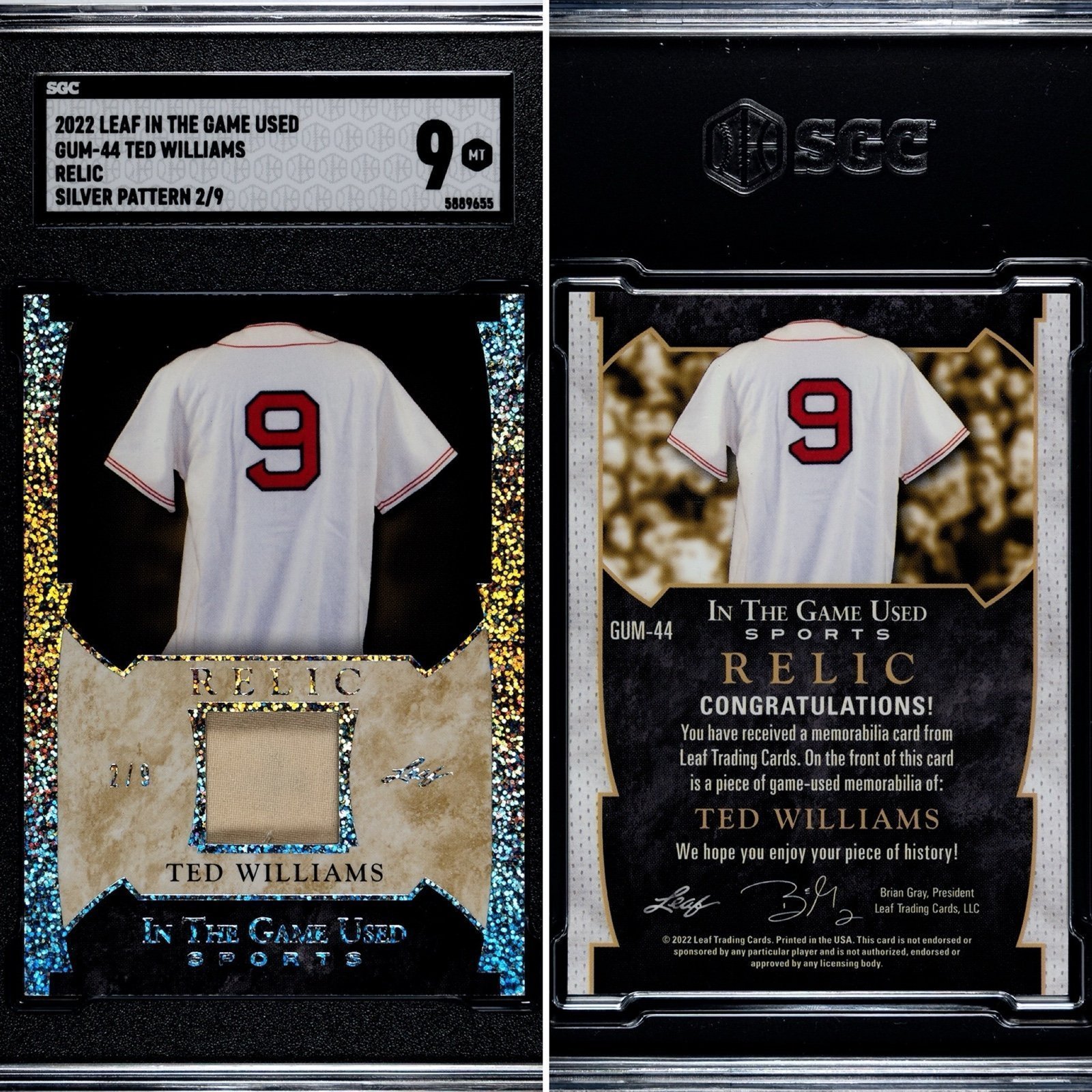 SGC 9 2022 Leaf In The Game Used GUM-44 Ted Williams Relic Silver Pattern /9