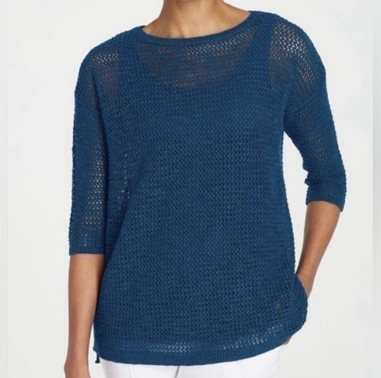 J. Jill 3/4 Sleeve Linen Sweater Blue Size Medium