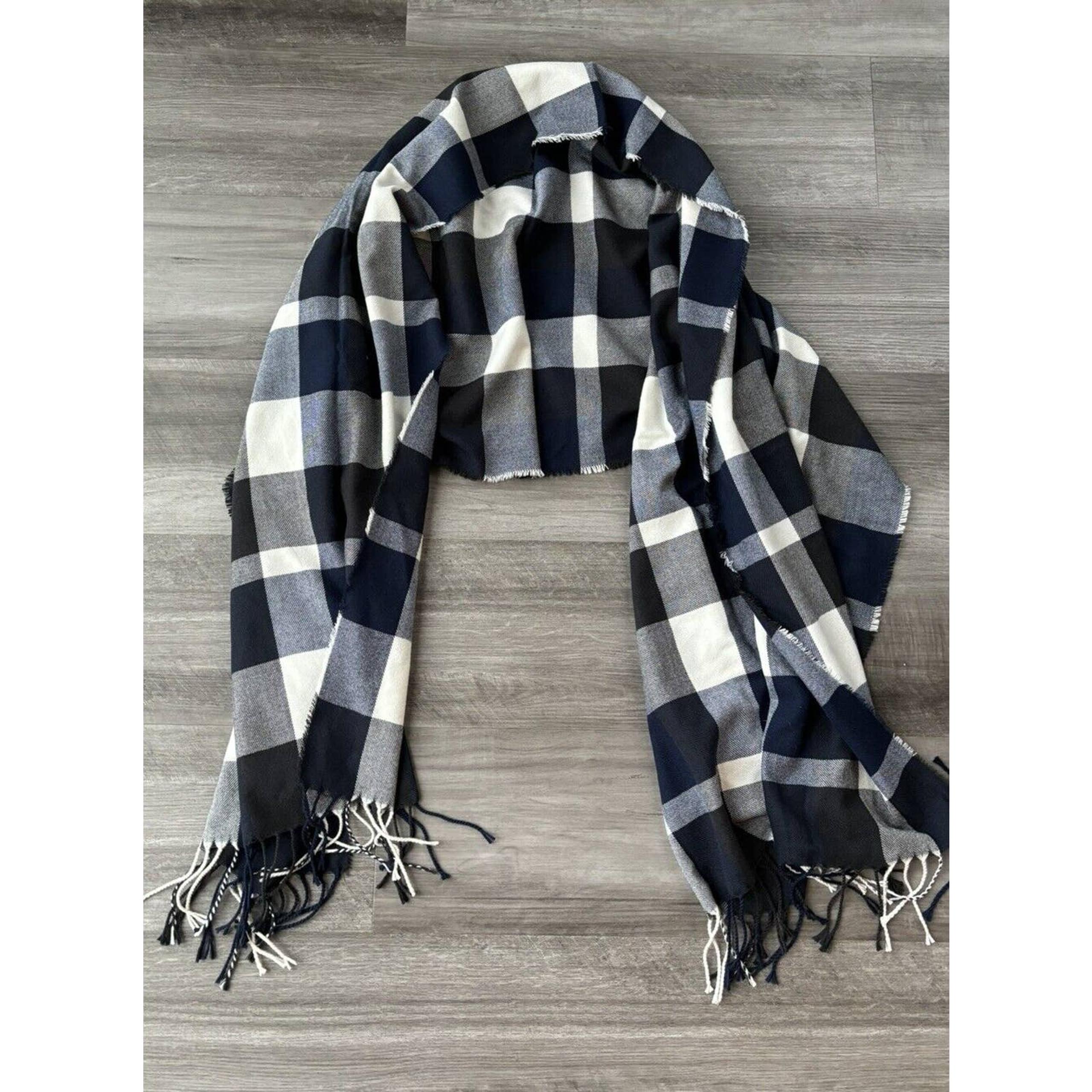 Plush Apparel Check Plaid Scarf Womens Fringe Black Blue