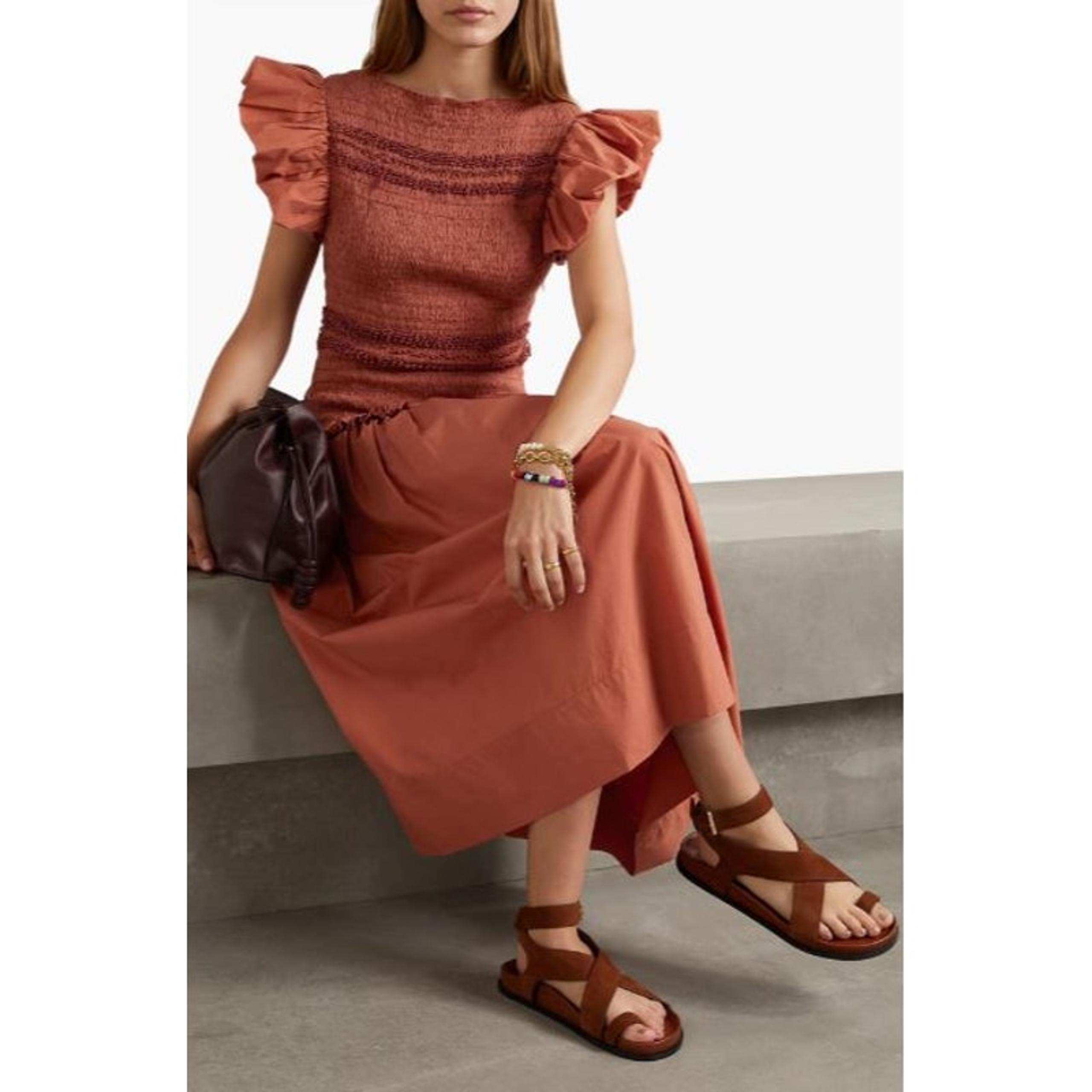 Ulla Johnson Womens Madeline Smocked Midi Dress 6 Orange Ruffle Sleeves NWT