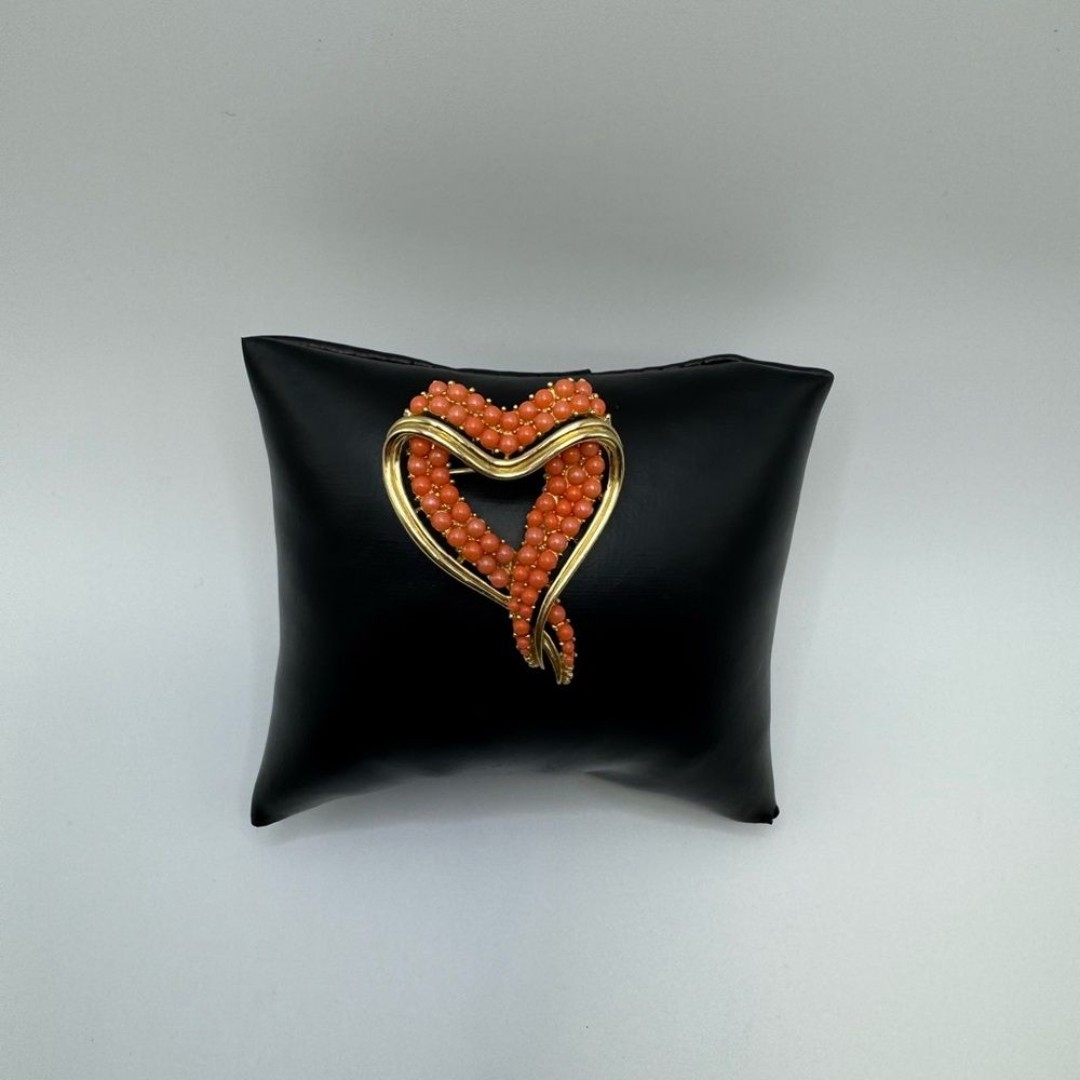Vintage Trifari Faux Coral and Gold Tone Heart Brooch