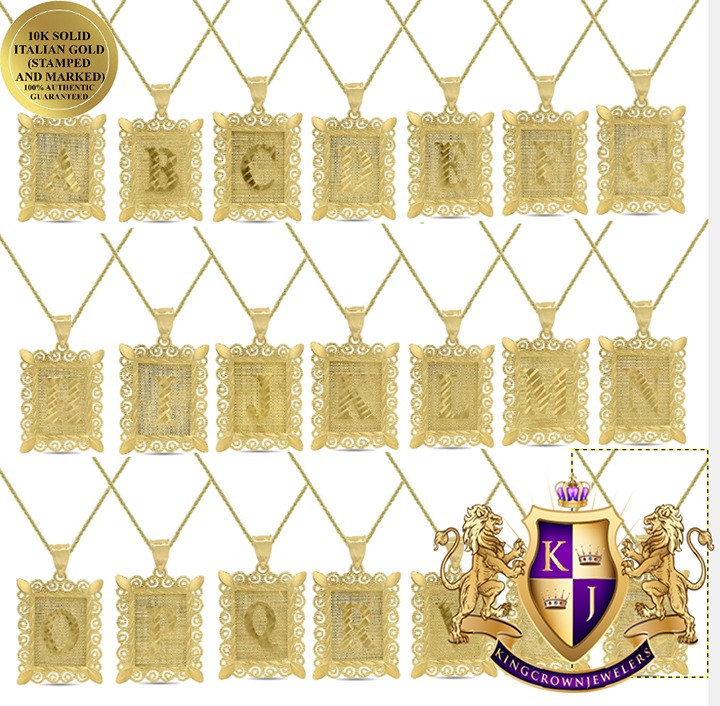 10K Real Yellow Gold Initial Letter Alphabet Frame Pendant Charm + Free Chain