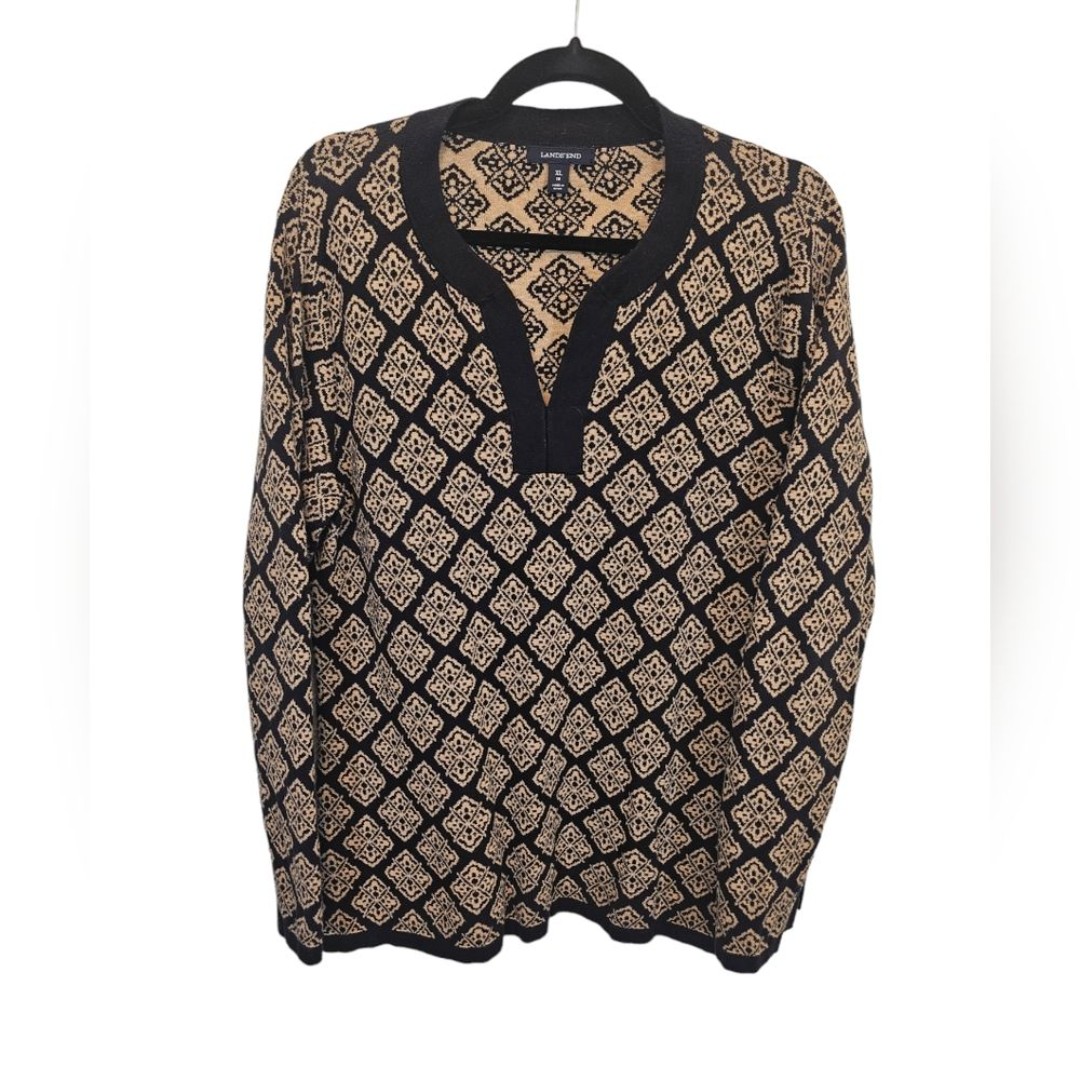 Land's End XL 100% Cotton Mixed Pattern Black Brown Sweater