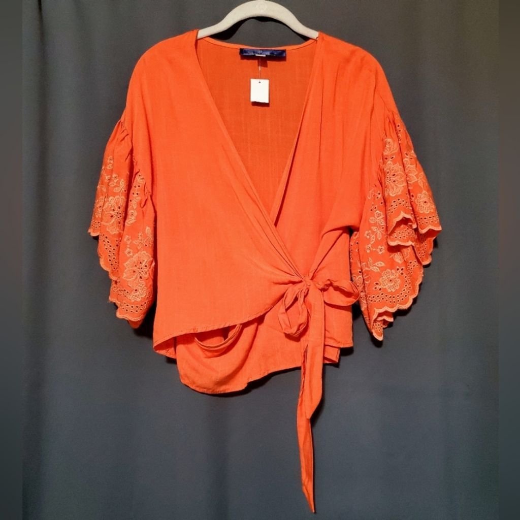 Blue Rain Wrap Tie Waist Orange Flare Sleeves Top Blouse Size Medium NWT