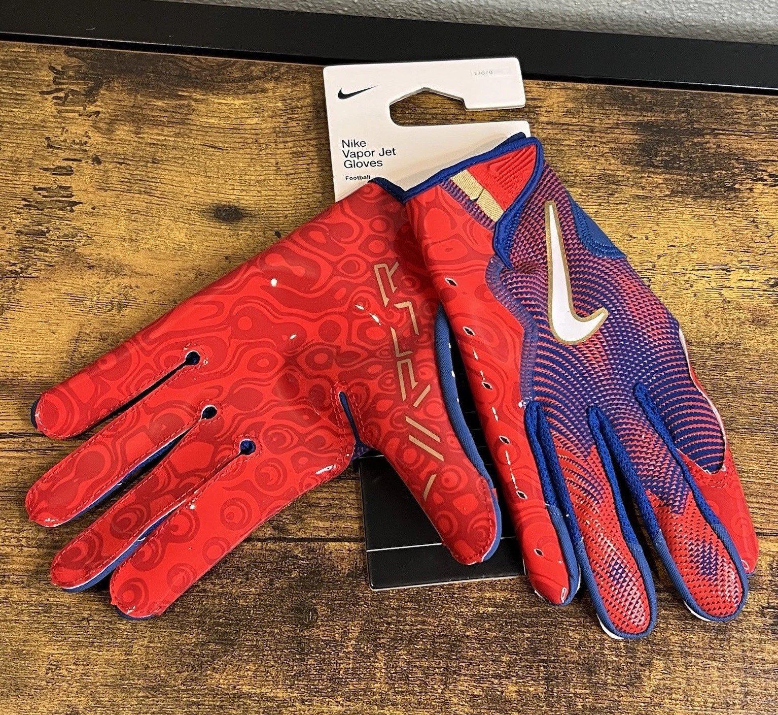 2024-NWT-Nike Vapor Jet 8.0 Adult Football Gloves-Red And Blue Size L
