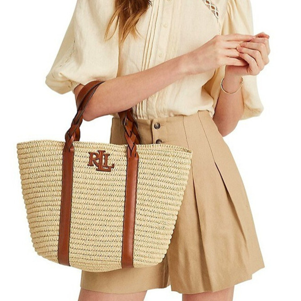 NWT Lauren Ralph Lauren Large Georgia straw leather Tote