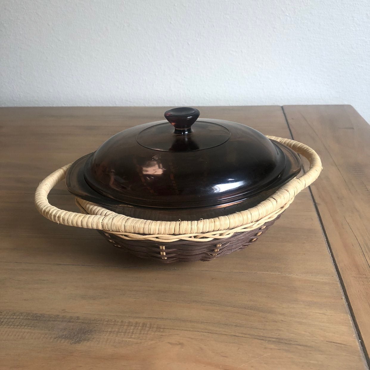 Pyrex Amber Dish with Rattan Basket