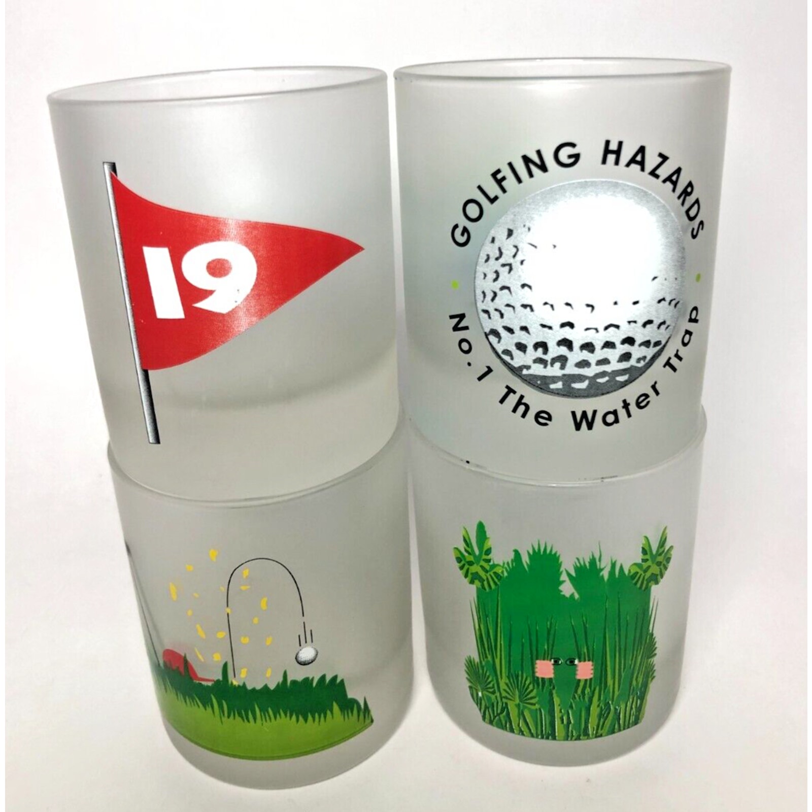 4 Dartington Frosted Cocktail Rocks Glasses Bar Golfing Hazards Made in France