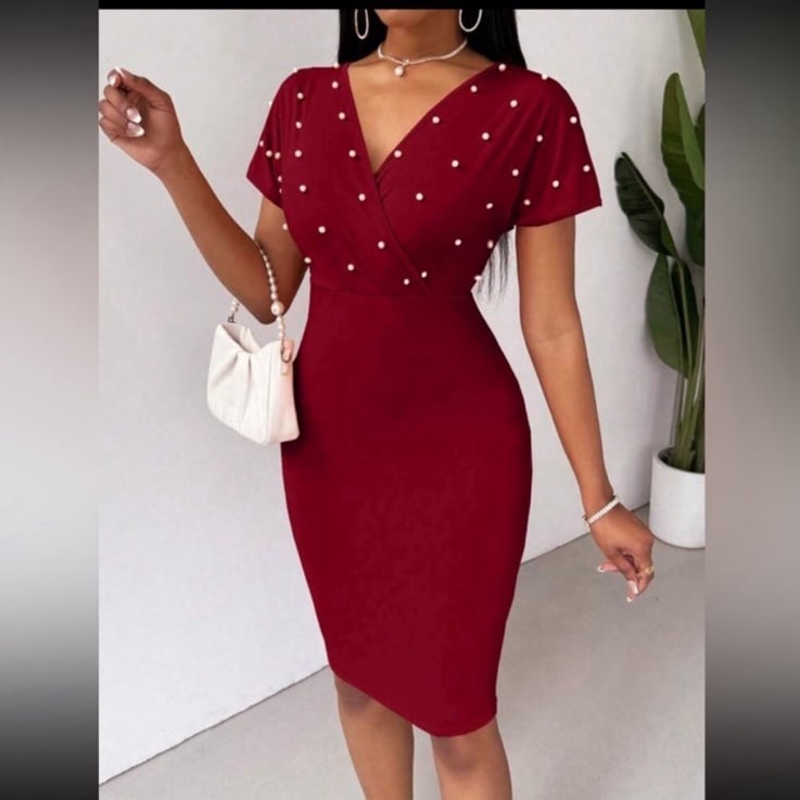 Elegant Burgundy Dress with Pearl Accents