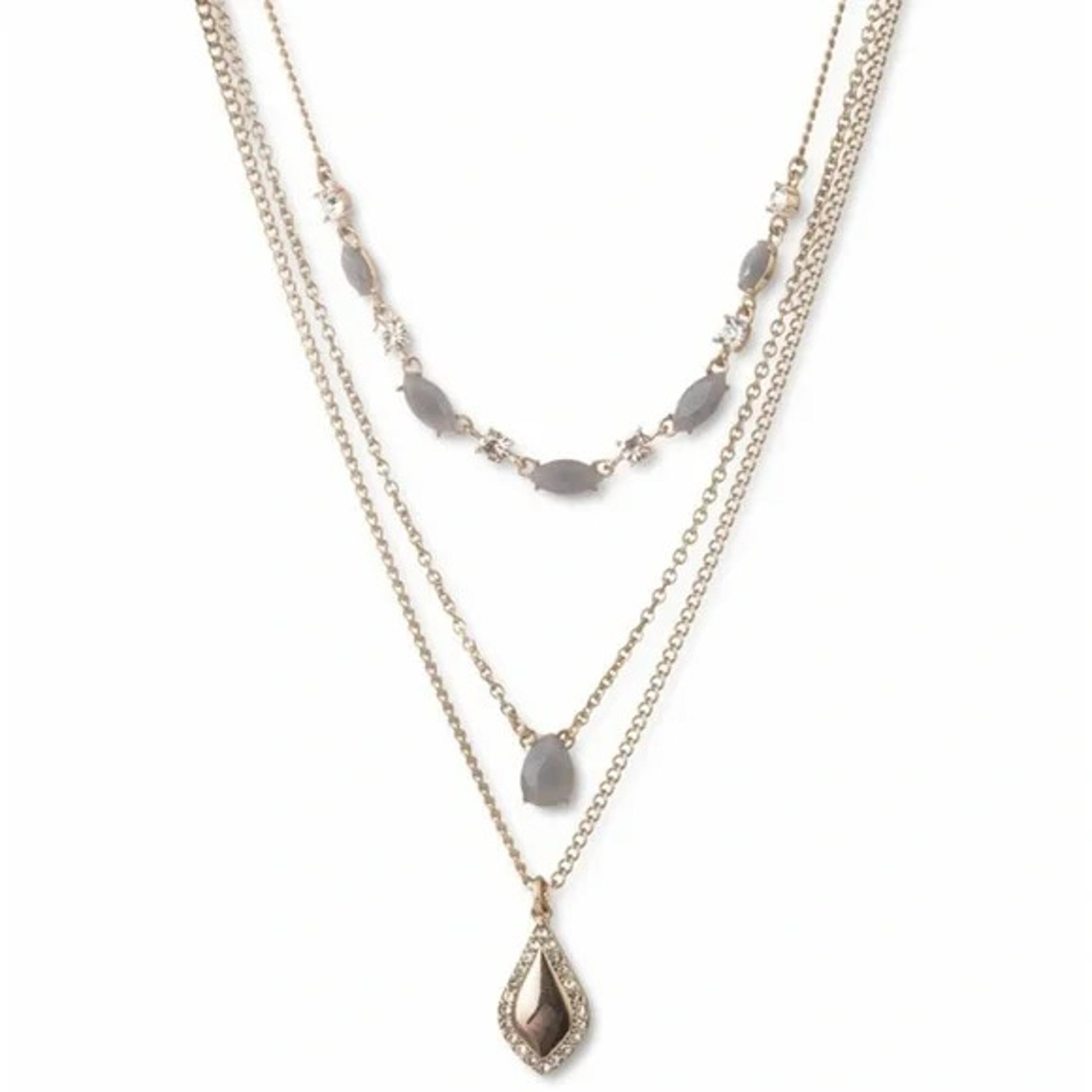 Givenchy Gold Tone Gray Stone & Crystal Three-Row Necklace.