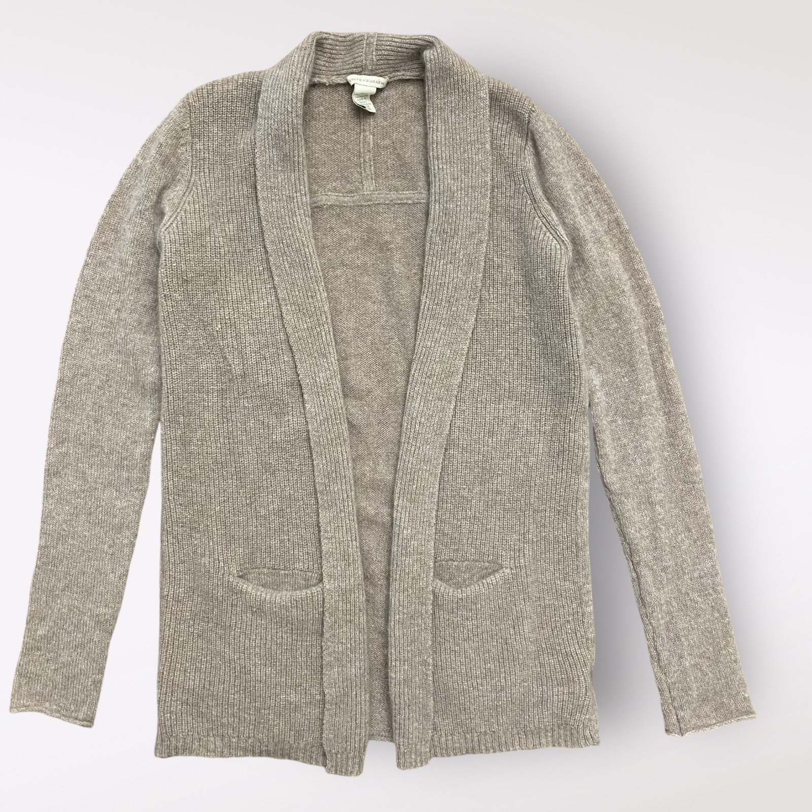 White + Warren Tan Brown Open Front Cashmere Cardigan Sweater Minimalist Size XS
