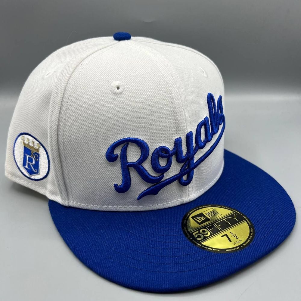 Kansas City Royals Hat Men 7 1/2 White Blue 59Fifty New Era Fitted Cap