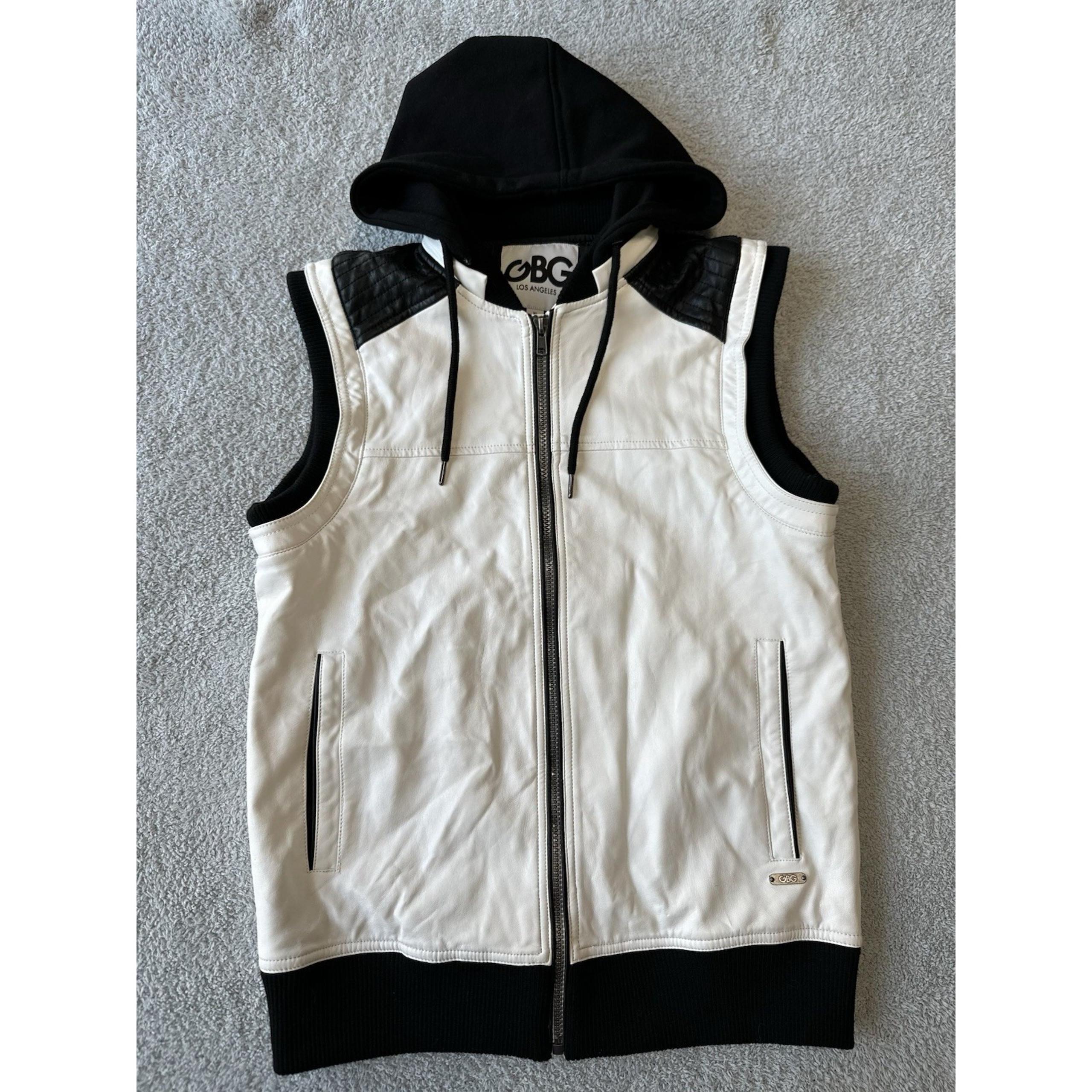 NWOT Men's GBG by GUESS Quicksand Faux-Leather Hooded Vest Black & White Size XS
