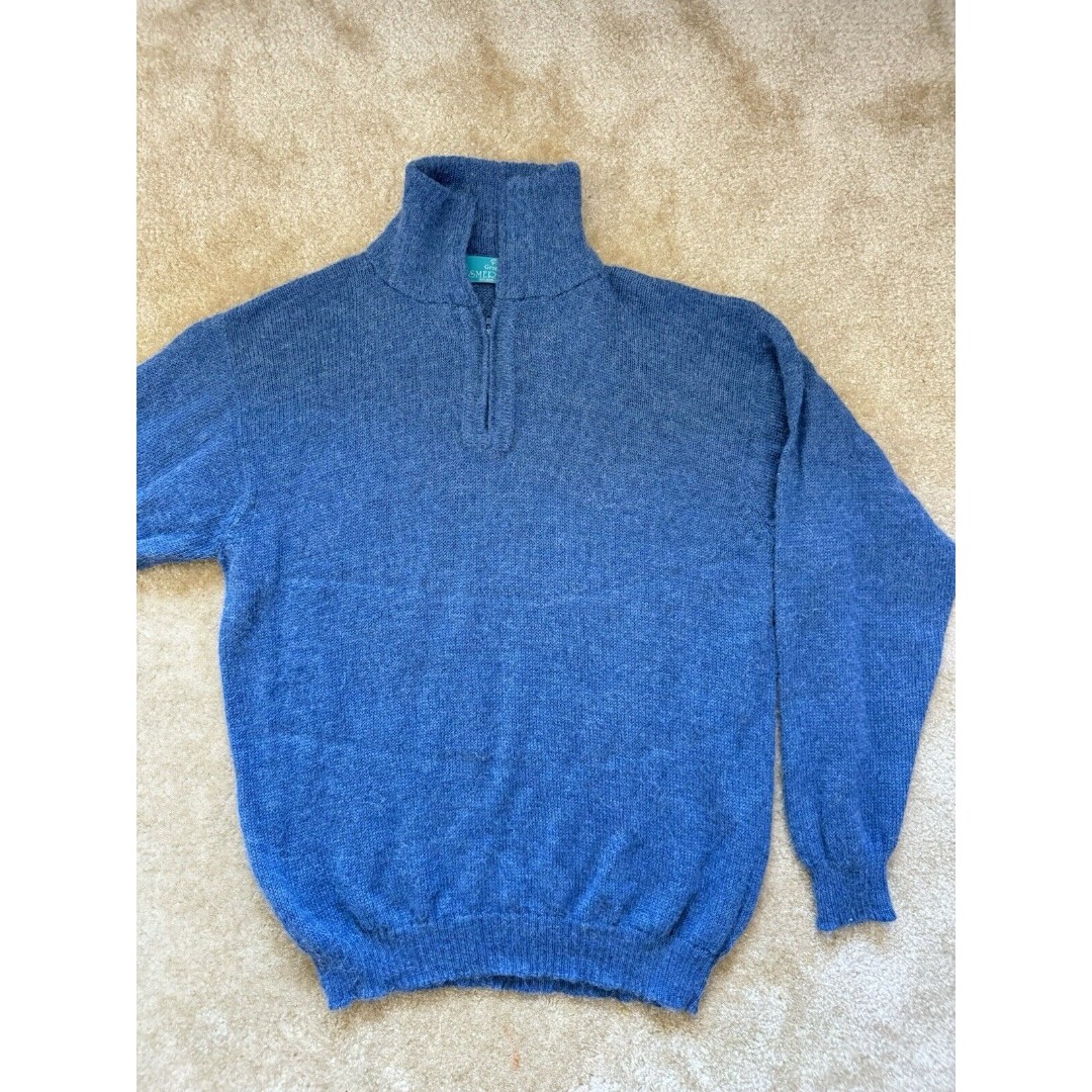 Grupo Esmeralda Men 100% Baby Alpaca Sweater Blue Collar Made in Peru EUC