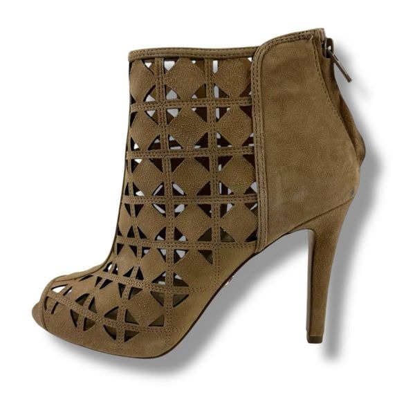 Michael Kors Sz 7.5 Ivy Open Toe Suede Leather Heel Bootie Tan Diamond Lasercut
