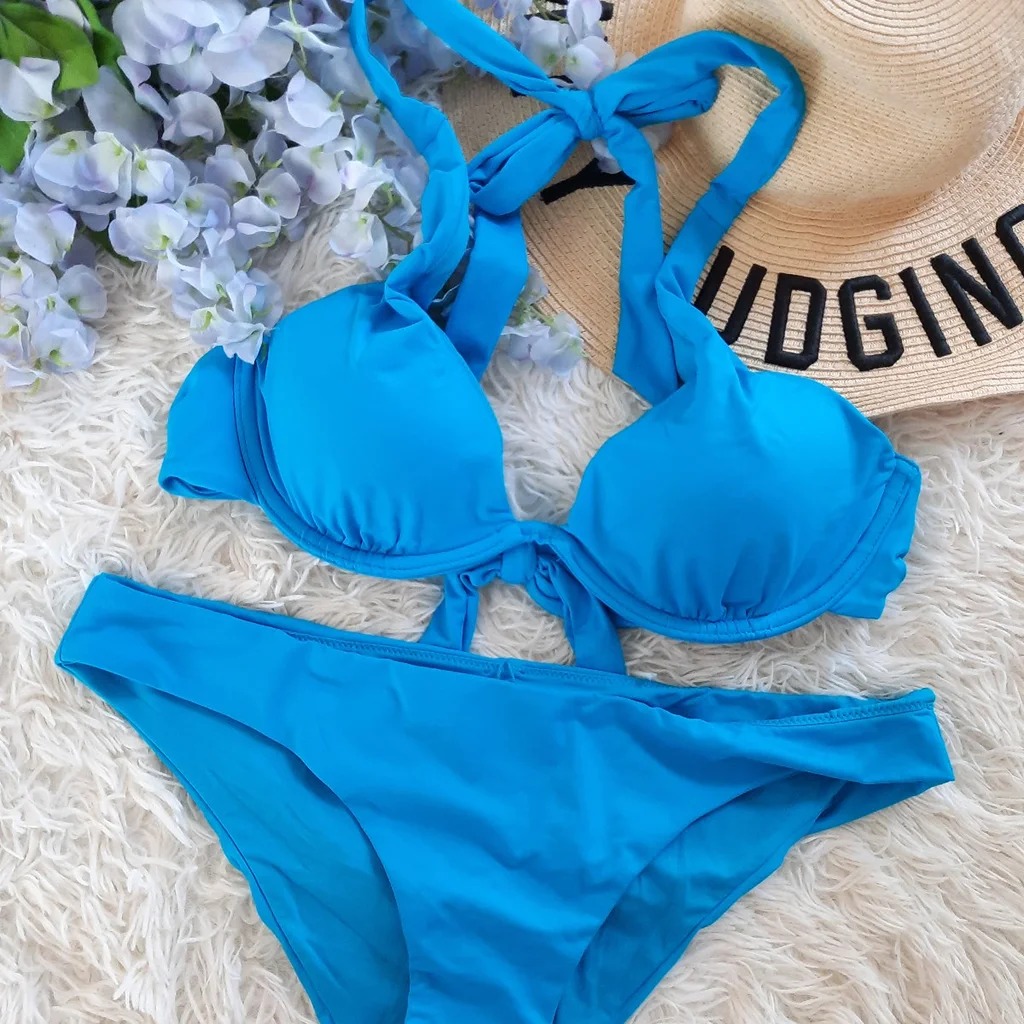 NEW 34C/M VS Agua blue Halter Swim Top + Rushed Hipsters