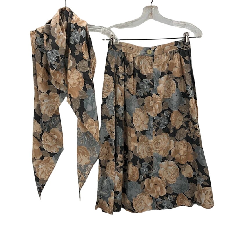 Vintage Floral 2 Piece Skirt Matching Scarf TOP Shawl Scarf Top Medium
