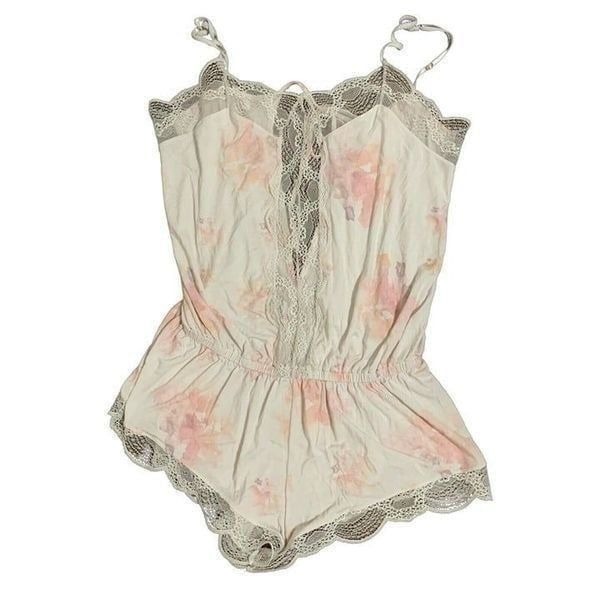 eberjey womens white pink lace tank Bodysuit pajamas medium