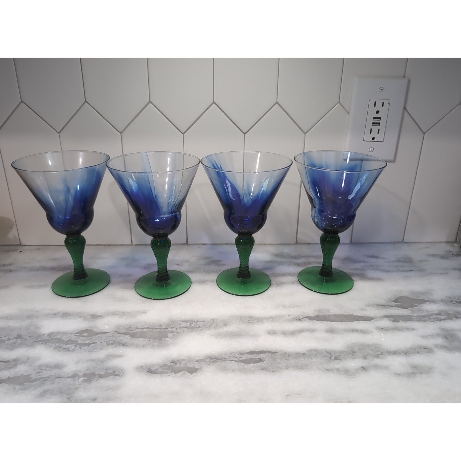 Libbey Marbelique Martini Glasses Set of 4, Blue Swirl Green Stem, Vintage Cosmo
