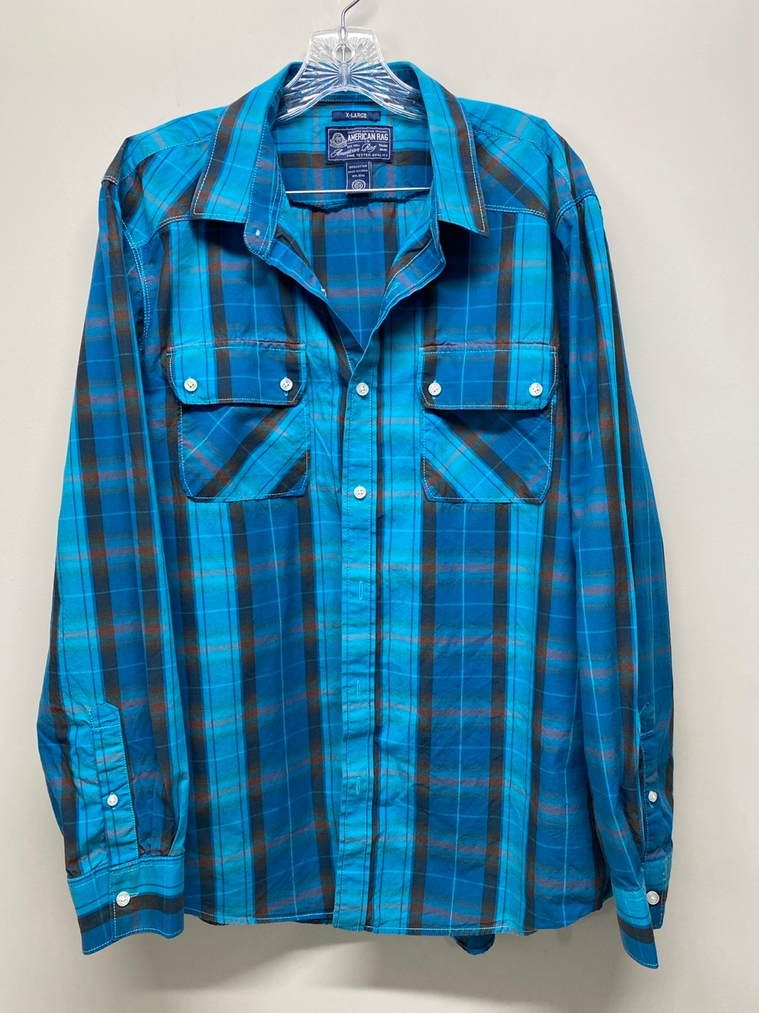 American Rag Mens Long Sleeve Button Shirt Large Blue Check Pockets size XL
