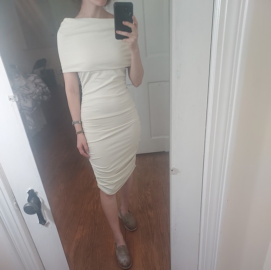 Khaite Aerica Off Shoulder Ecru Cream Ivory Ruched Dress