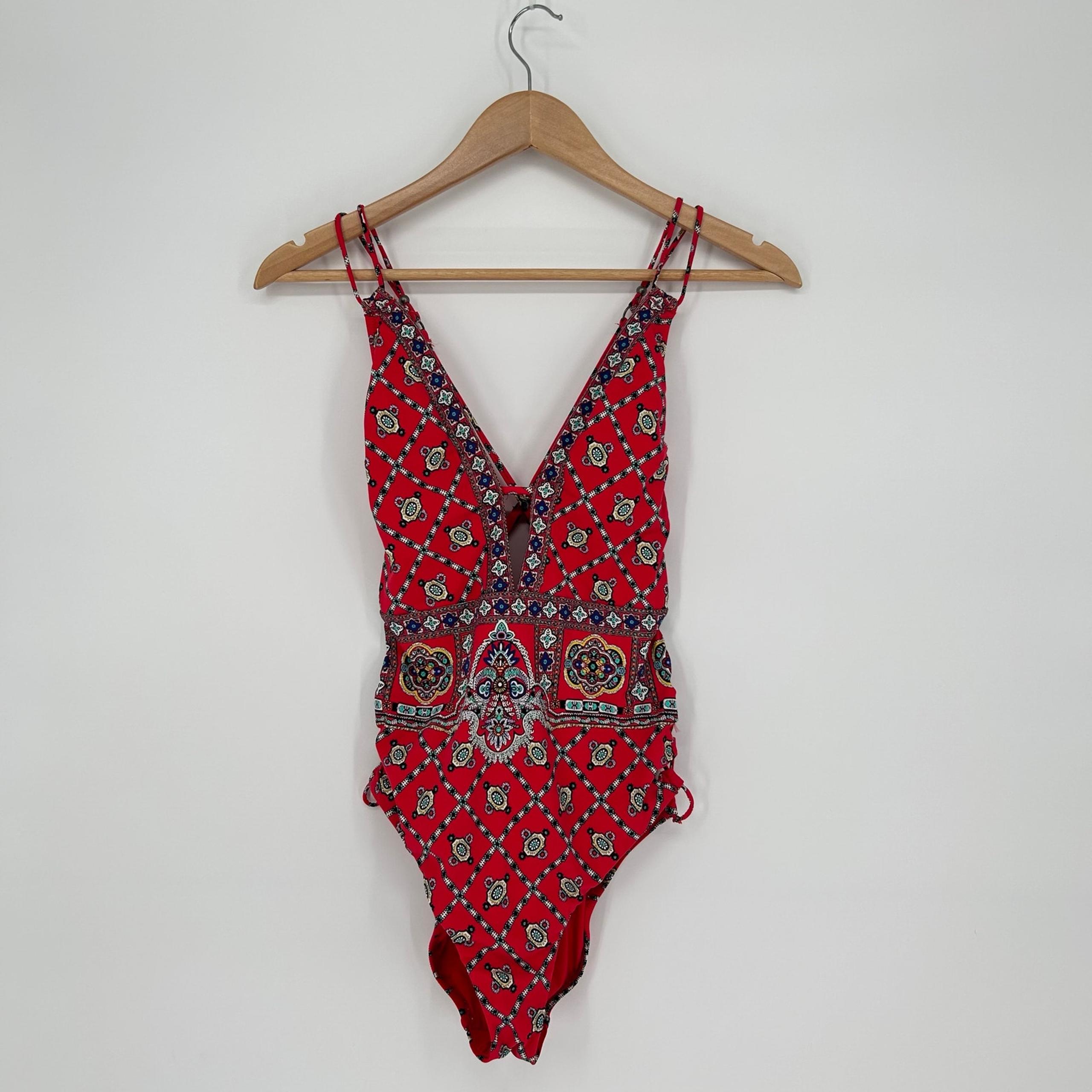 Nanette Lepore Swimsuit M Red Boho Tile Print One-Piece Plunge – Good Used
