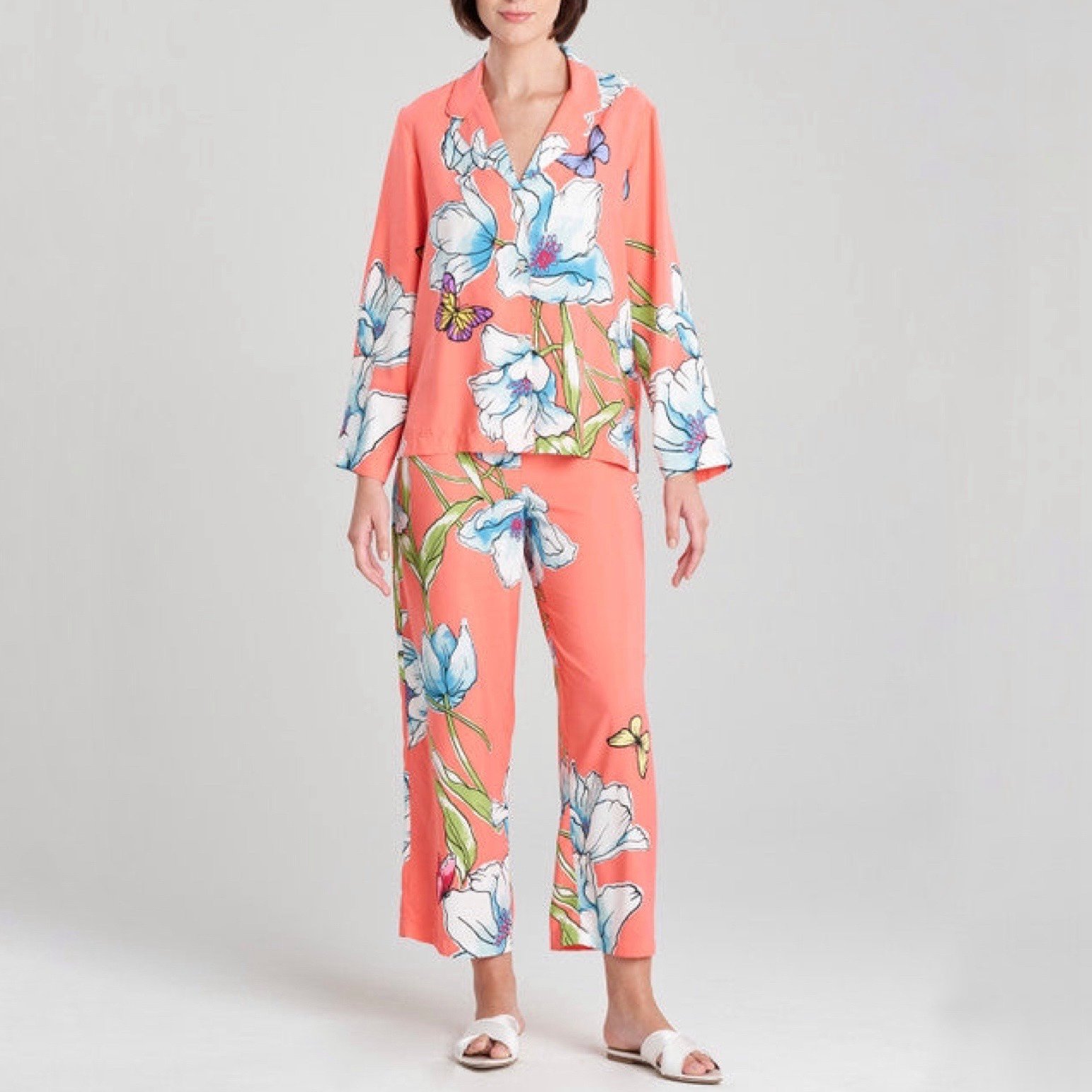 Josie Natori Orange Wild Poppy Notch Top and Bottom Satin Pajama Set Size Small