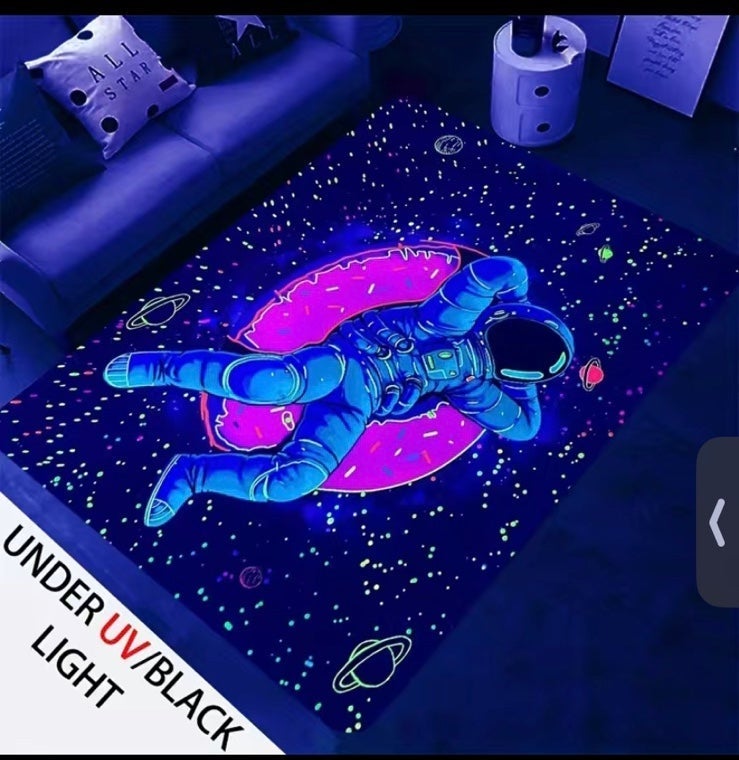 1PC Astronaut Flannel Luminous Carpet, UV Black Light, Non-woven Back.