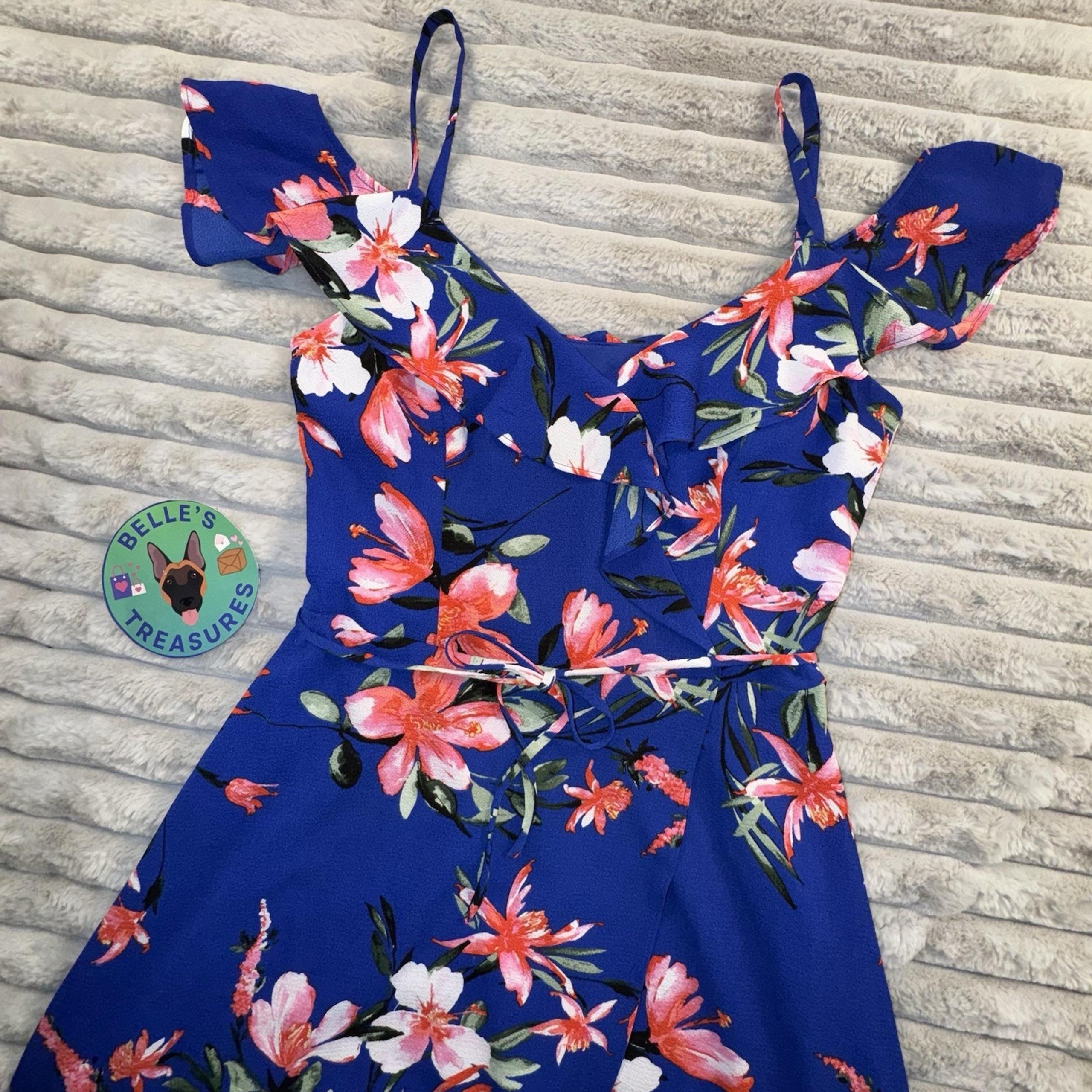 IZ Byer Maxi Dress Womens Small Blue Floral High Low Hem Babydoll Waist Tie Y2K