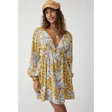 NWT Free People Soli Golden Hour Combo Yellow V-Neck Long Sleeve Mini Dress