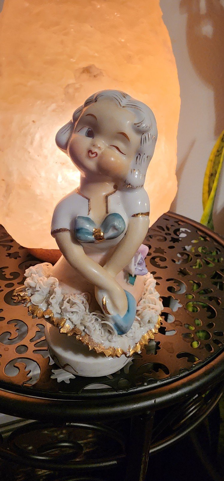 Vintage Bone China Fringe Lace Winking Girl Figurine