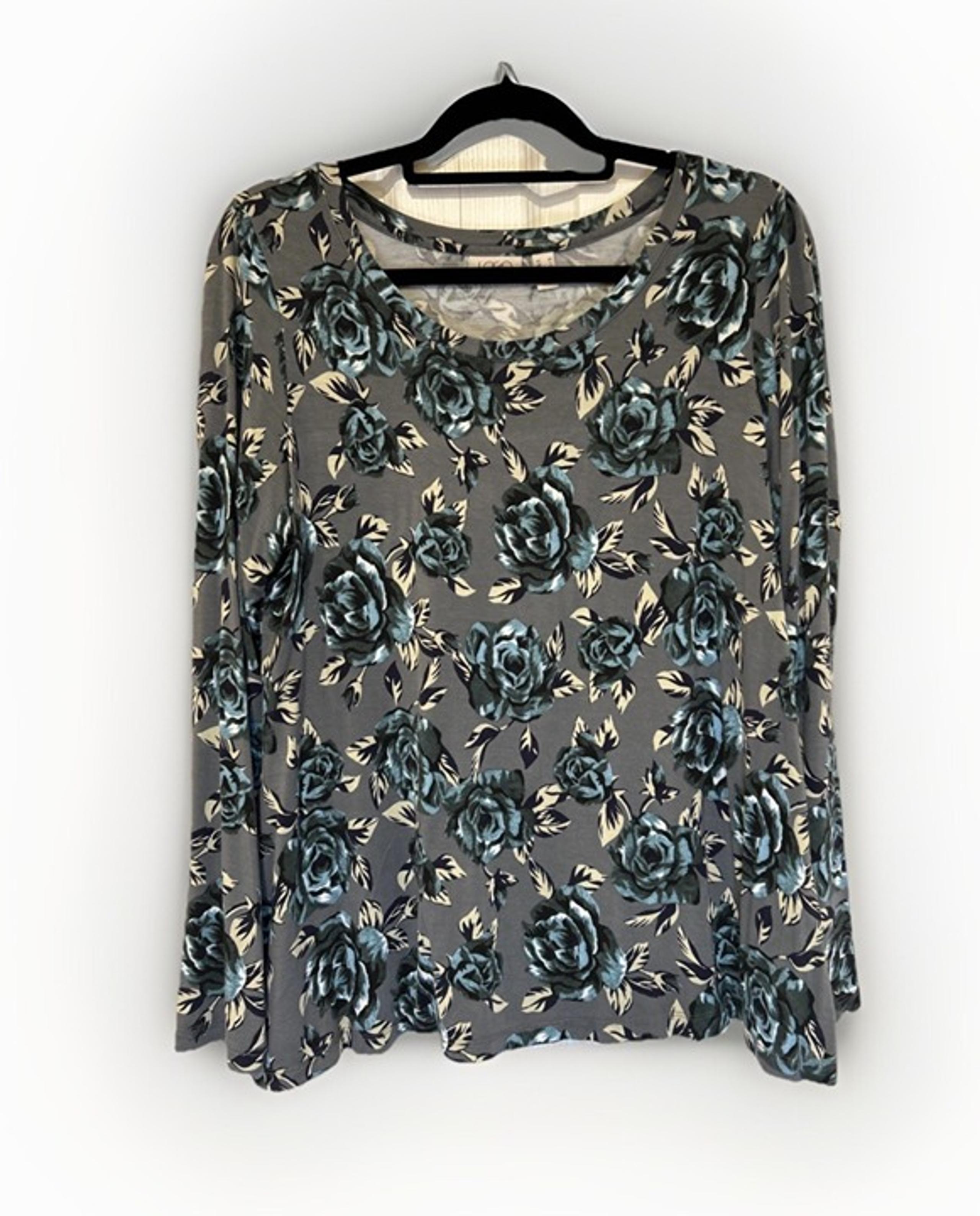 LOGO Lori Goldstein Womens Tunic Top M Gray Blue Rose Floral Casual Stretch