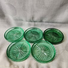 Vtg Depressionware glass coasters, green, set of 5