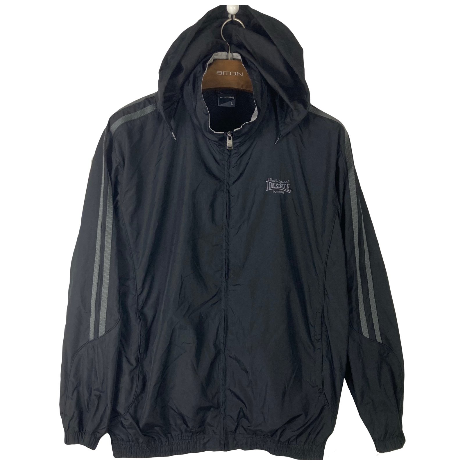 NWOT LONSDALE London Jacket Men L Rain-Wind-Breaker Black 2 Grey Stripe Sleeve