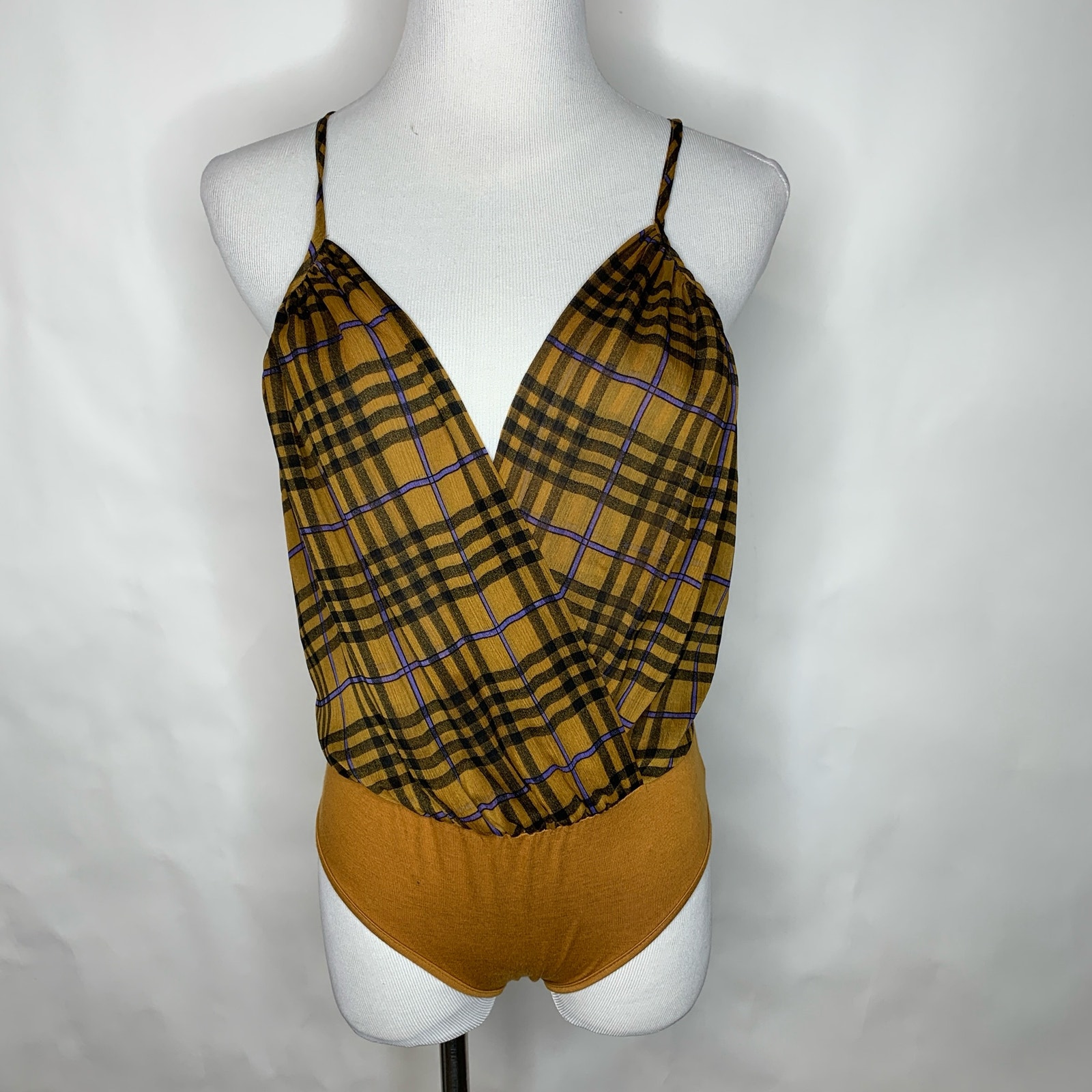 by the way Revolve Gold Black Blue Bodysuit Plaid Sz Small