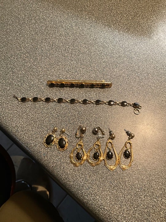 vintage Gold Toned and Onyx/black glass jewelry lot