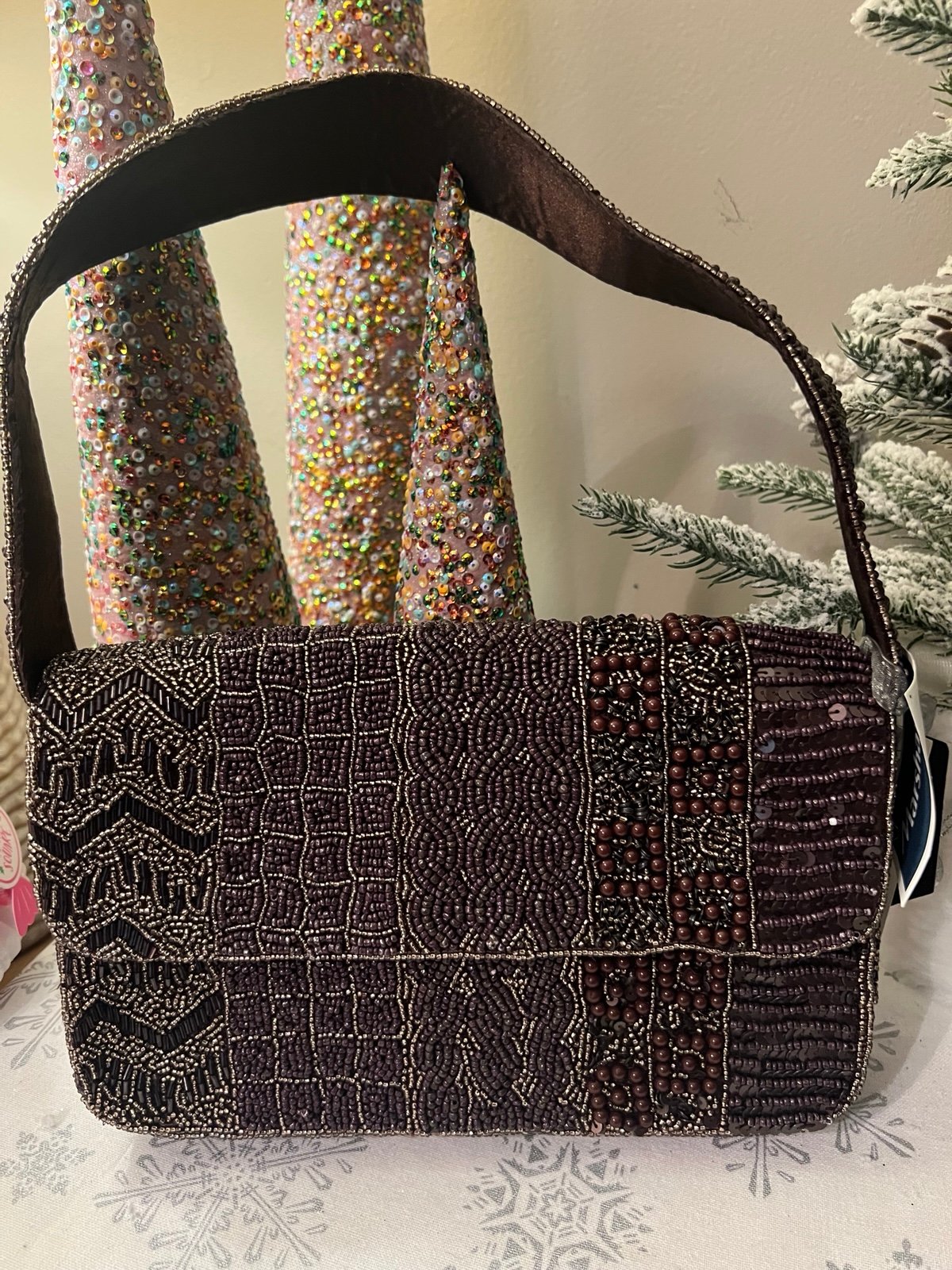 Beaded Chocolate Brown Bag with a Hint of Gold